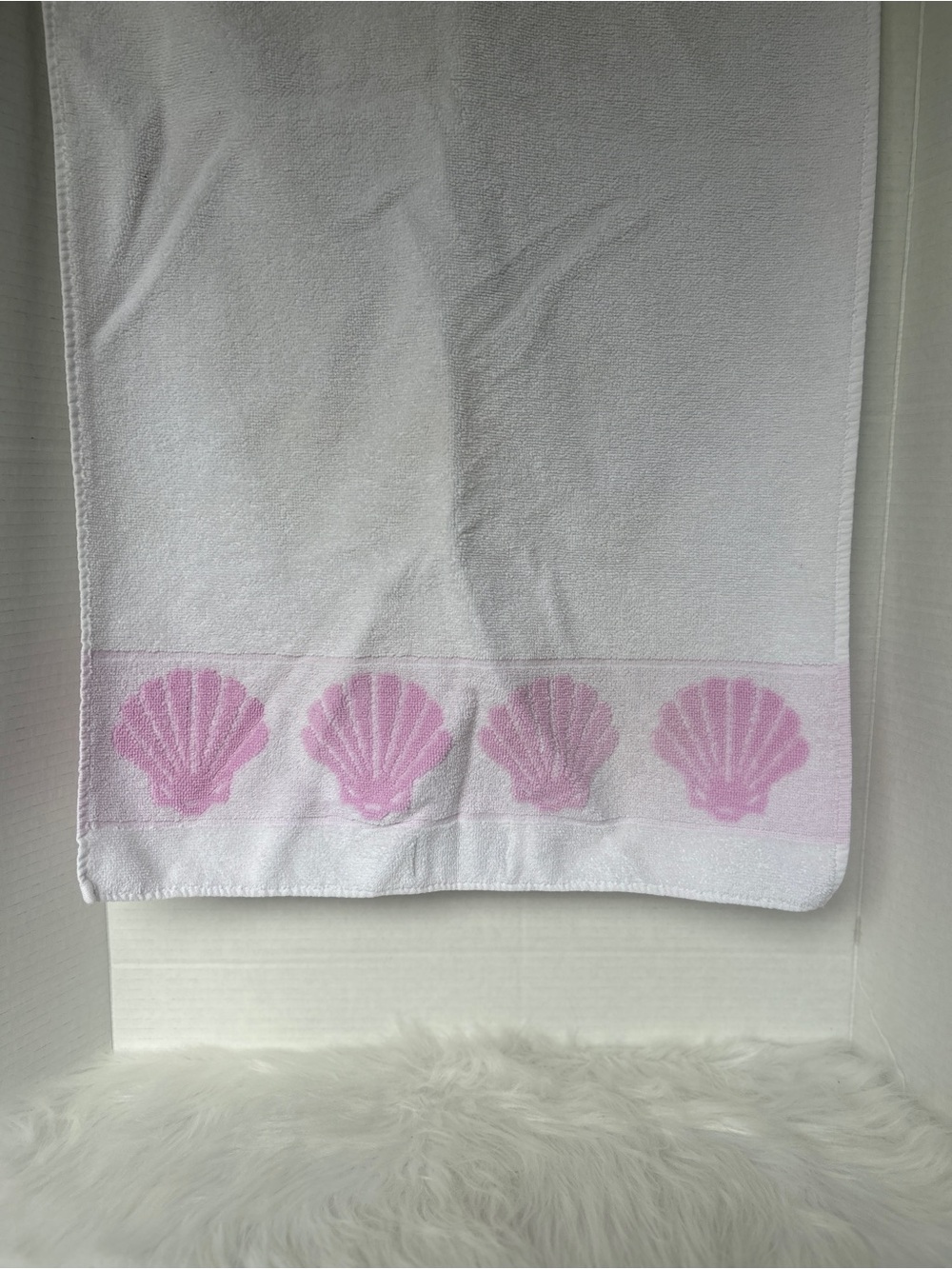 2 for $30 Vintage White Bath Towel with Pink Seashell Border